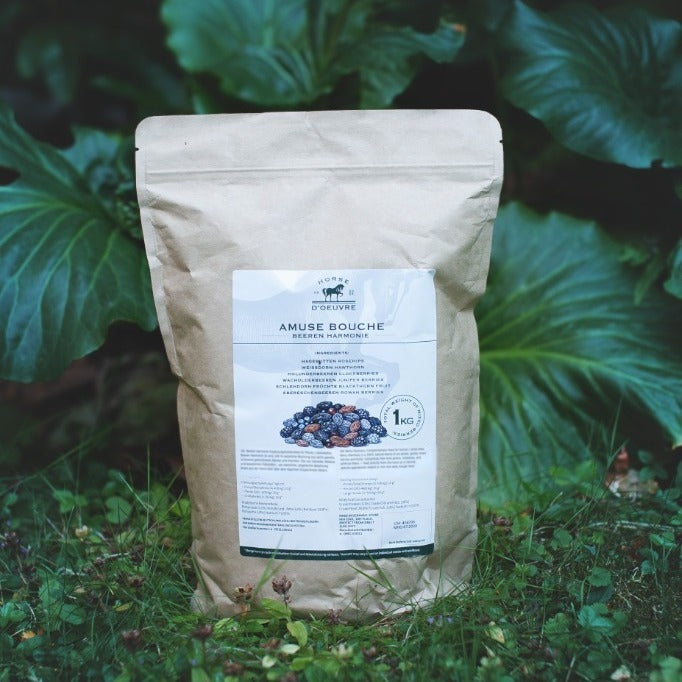 1 kg kraft paper bag of Horse d'Oeuvre Amuse Bouche Beeren Harmonie outdoors among green leaves and meadow herbs
